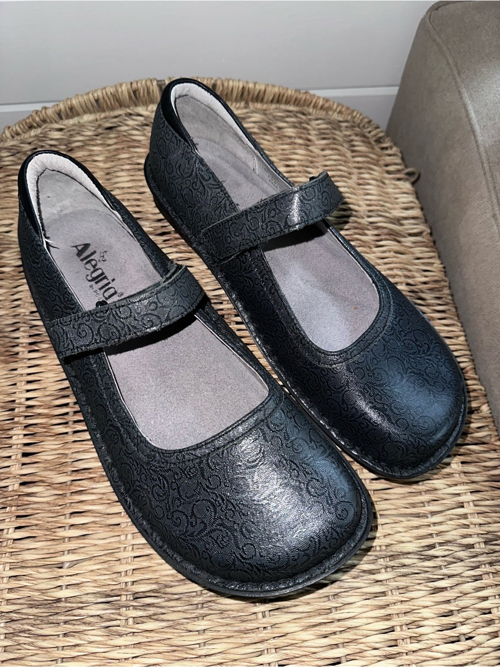 Alegria Black Embossed Mary Jane Flats